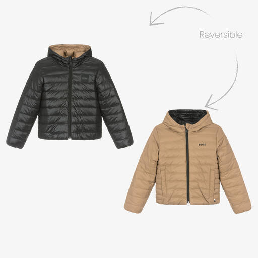 BOSS-Boys Black & Beige Reversible Puffer Jacket | Childrensalon Outlet