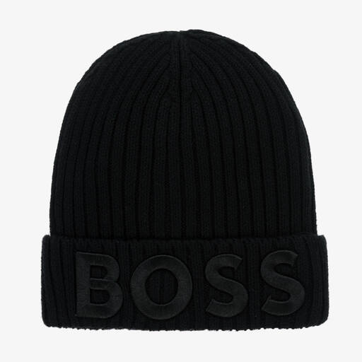 BOSS-قبعة بيني قطن محبوك لون أسود للأولاد | Childrensalon Outlet