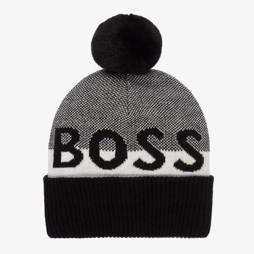 BOSS-Boys Black Cotton Knit Bobble Hat | Childrensalon Outlet