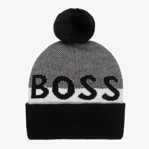 BOSS-Bonnet noir en coton à pompon | Childrensalon Outlet