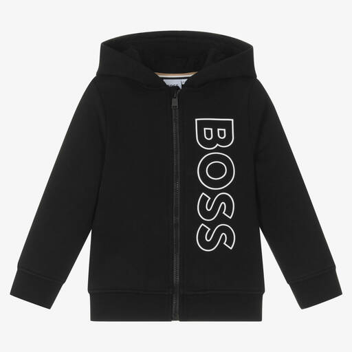 BOSS-Boys Black Cotton Zip-Up Hoodie | Childrensalon Outlet