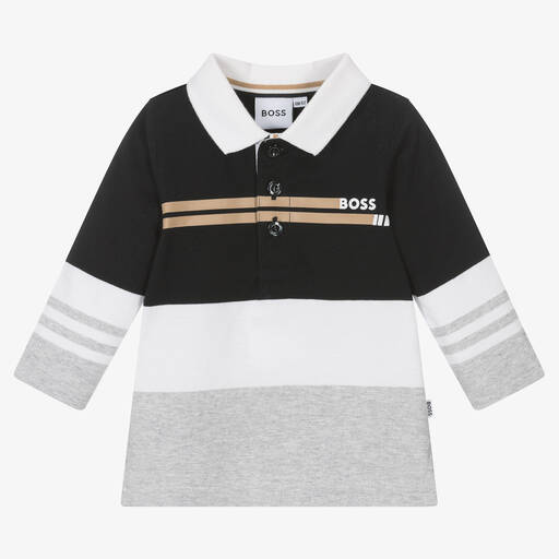 BOSS-Boys Black & Grey Striped Polo Shirt | Childrensalon Outlet