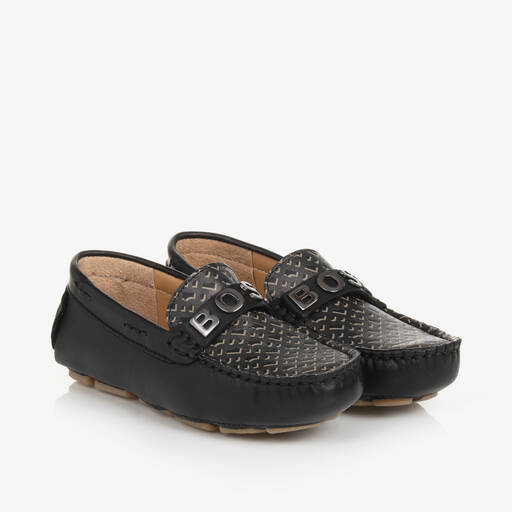BOSS-Boys Black Leather Moccasins | Childrensalon Outlet