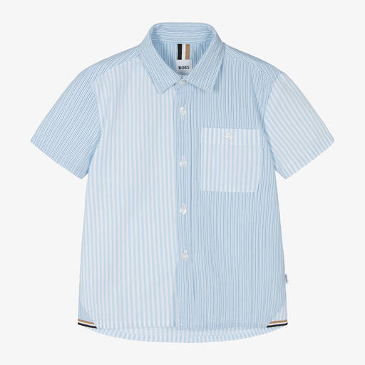 BOSS-Boys Blue Cotton Striped Shirt | Childrensalon Outlet