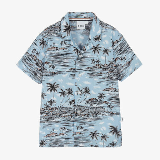 BOSS-Boys Blue Cotton Tropical Shirt | Childrensalon Outlet