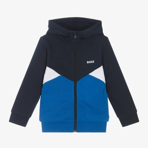 BOSS-Boys Blue Two-Tone Cotton Hoodie | Childrensalon Outlet