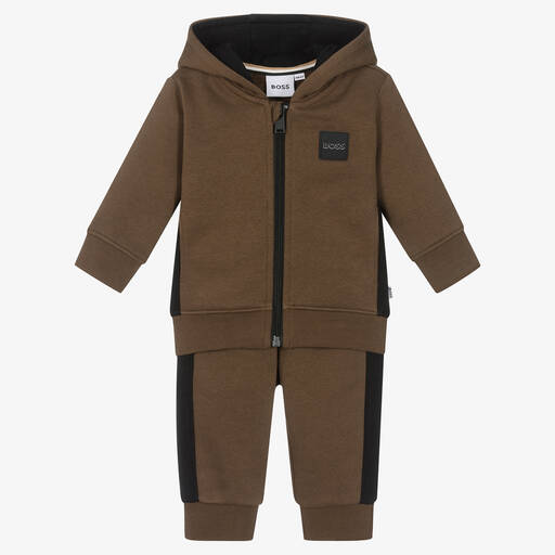 BOSS-Boys Brown Jersey Tracksuit | Childrensalon Outlet