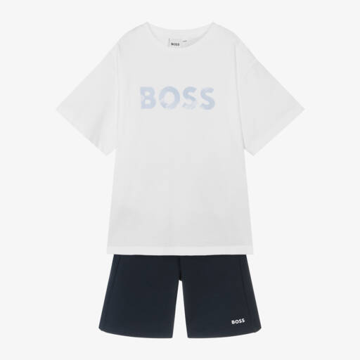 BOSS-طقم أولاد قطني أزرق وأبيض | Childrensalon Outlet