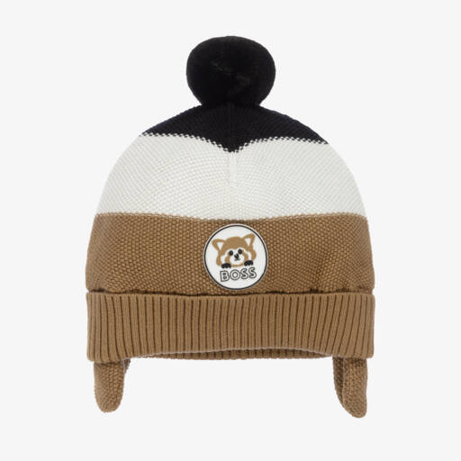 BOSS-Boys Cozy Beige Striped Bobble Hat | Childrensalon Outlet