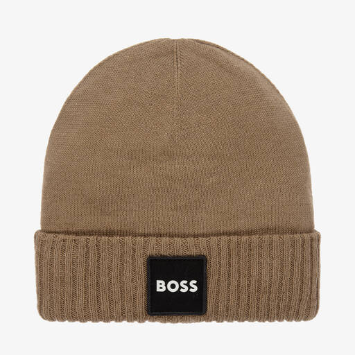 BOSS-Boys Dark Beige Knitted Beanie Hat | Childrensalon Outlet