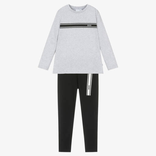 BOSS-Boys Grey & Black Cotton Pyjamas | Childrensalon Outlet