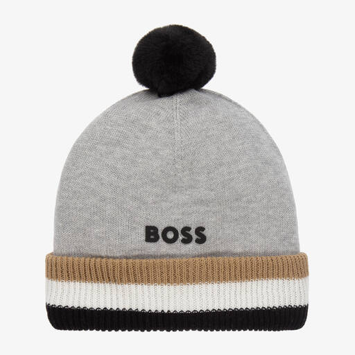 BOSS-Серая вязаная шапка из хлопка с помпоном | Childrensalon Outlet