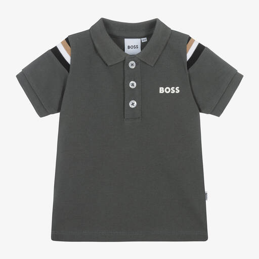 BOSS-Boys Grey Cotton Piqué Polo Top | Childrensalon Outlet
