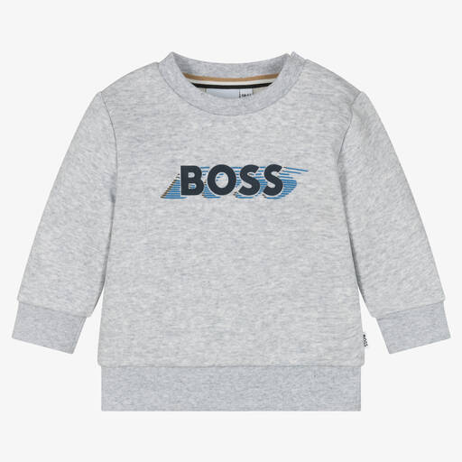 BOSS-سويتشيرت أطفال ولادي قطن جيرسي لون رمادي | Childrensalon Outlet