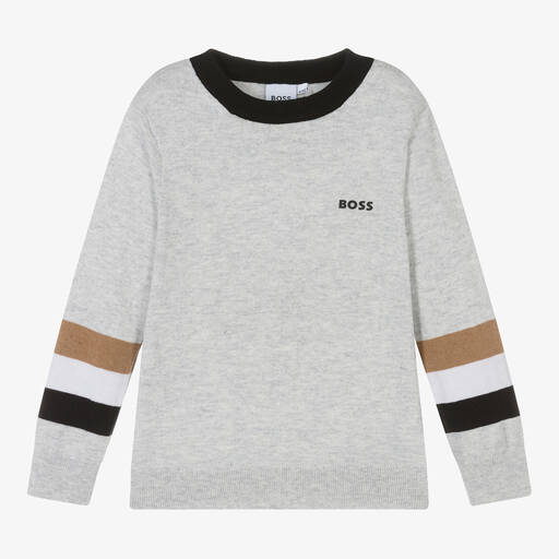 BOSS-Boys Grey Cotton & Wool Knit Jumper | Childrensalon Outlet