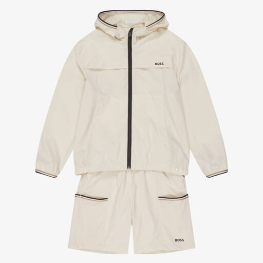 BOSS-Boys Ivory Hooded Windbreaker Jacket & Shorts Set | Childrensalon Outlet