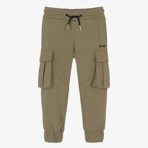 BOSS-Boys Khaki Green Cotton Joggers | Childrensalon Outlet