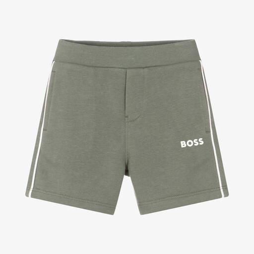 BOSS-Boys Khaki Green Cotton Logo Shorts | Childrensalon Outlet