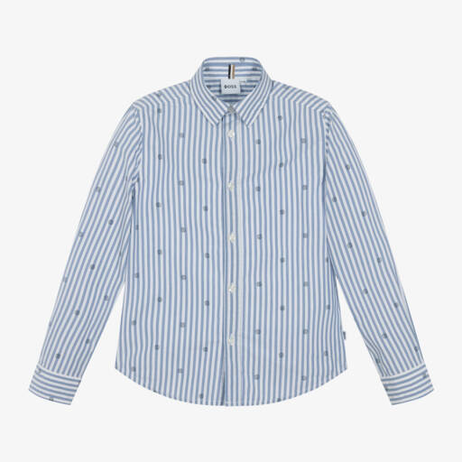 BOSS-Boys Long-Sleeve Blue Cotton Shirt | Childrensalon Outlet