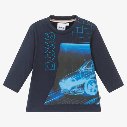 BOSS-Boys Navy Blue Cotton Car Print Top | Childrensalon Outlet
