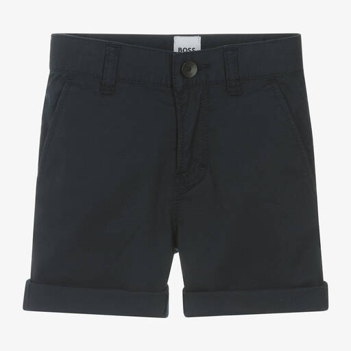 BOSS-Boys Navy Blue Cotton Chino Shorts | Childrensalon Outlet