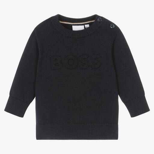 BOSS-Boys Navy Blue Cotton Knit Sweater | Childrensalon Outlet