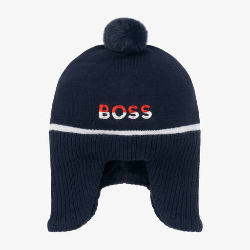 BOSS-Boys Navy Blue Knitted Pom-Pom Hat | Childrensalon Outlet