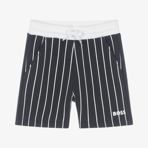 BOSS-Boys Navy Blue Striped Cotton Shorts | Childrensalon Outlet