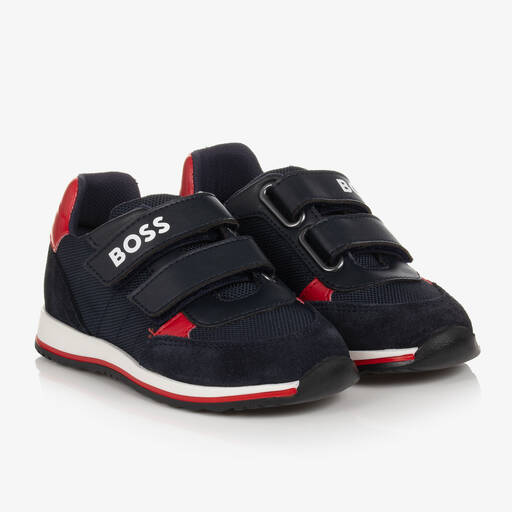 BOSS-Boys Navy Blue Suede Leather Trainers | Childrensalon Outlet