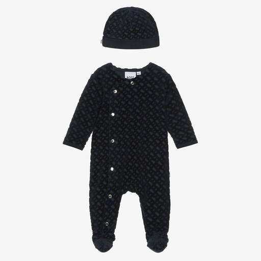 BOSS-Boys Navy Blue Velour Monogram Babygrow & Hat Set | Childrensalon Outlet