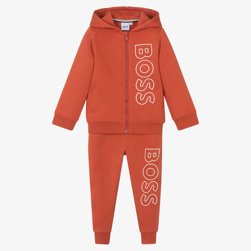 BOSS-بدلة رياضية هودي قطن جيرسي لون برتقالي للأولاد | Childrensalon Outlet