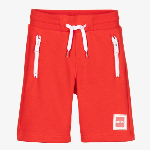 BOSS-Boys Red Cotton Logo Shorts | Childrensalon Outlet