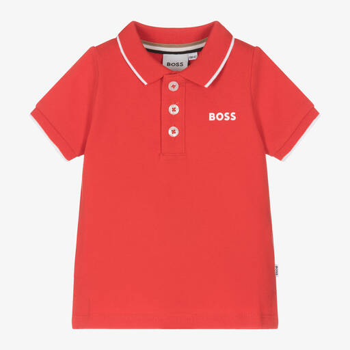BOSS-توب بولو أطفال ولادي قطن بيكيه لون أحمر | Childrensalon Outlet