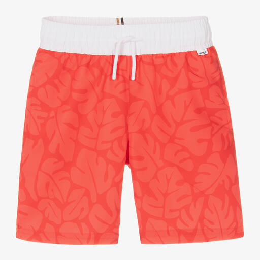 BOSS-Boys Red Leaf Print Swim Shorts | Childrensalon Outlet