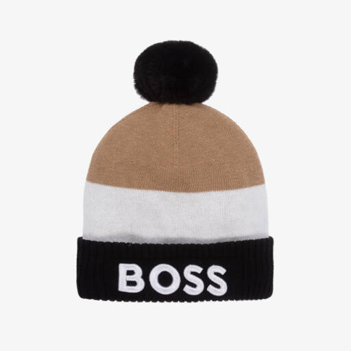 BOSS-Бежево-черная вязаная шапка с помпоном для мальчиков | Childrensalon Outlet