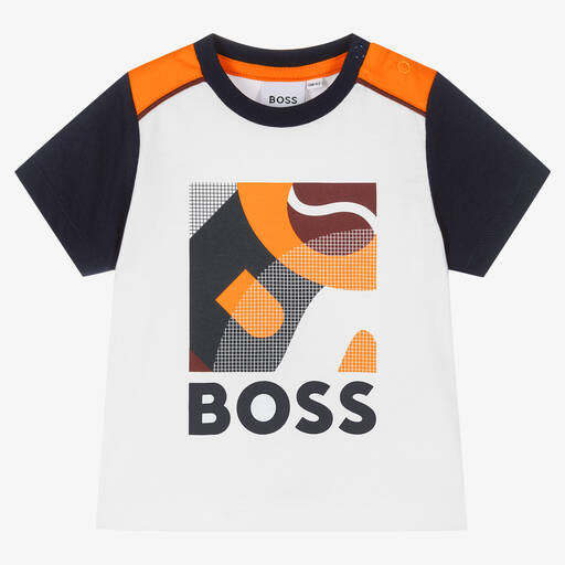 BOSS-Boys White & Blue Cotton Logo T-Shirt | Childrensalon Outlet