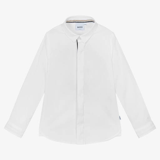 BOSS-قميص سليم- فيت قطن بوبلين لون أبيض للأولاد | Childrensalon Outlet