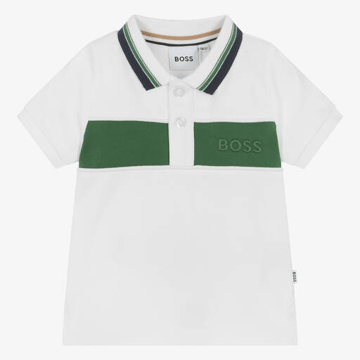 BOSS-توب بولو أطفال ولادي قطن بيكيه لون أبيض وأخضر | Childrensalon Outlet