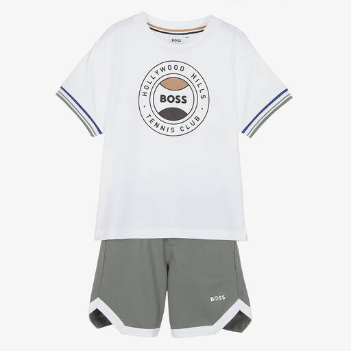 BOSS-Boys White & Green Logo Shorts Set | Childrensalon Outlet