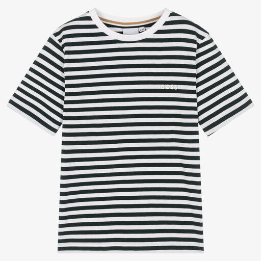 BOSS-Boys White & Green Striped Cotton T-Shirt | Childrensalon Outlet