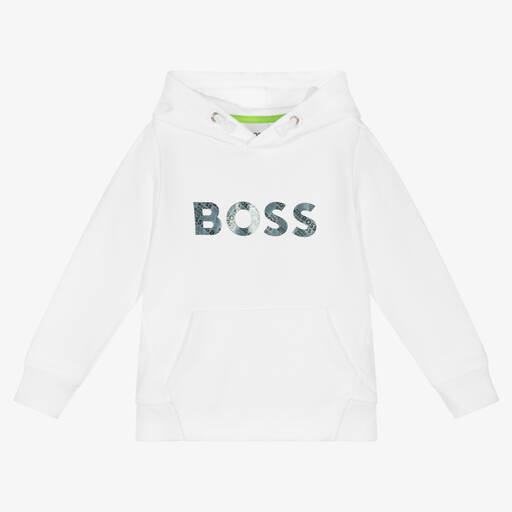 BOSS-Boys White Jersey Logo Hoodie | Childrensalon Outlet