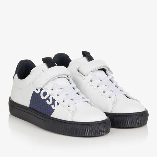 BOSS-Boys White Leather Monogram Trainers | Childrensalon Outlet