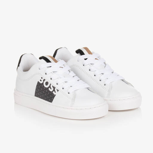 BOSS-Boys White Leather Trainers | Childrensalon Outlet