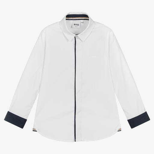 BOSS-Boys White Logo Poplin Shirt | Childrensalon Outlet