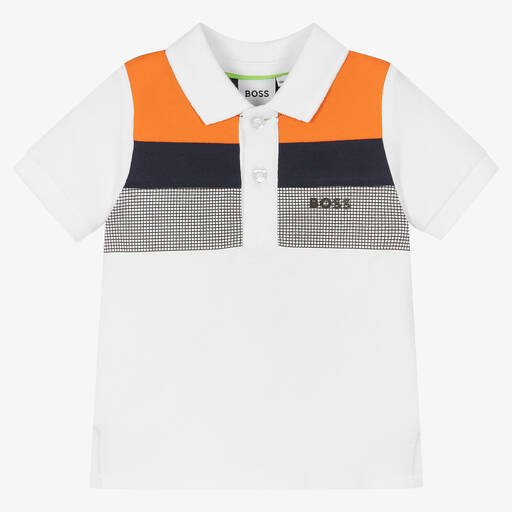 BOSS-Boys White & Orange Cotton Polo Shirt | Childrensalon Outlet