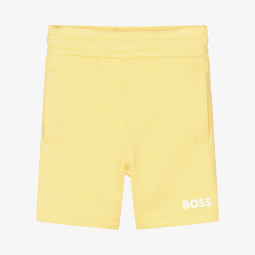 BOSS-Boys Yellow & White Cotton Logo Shorts | Childrensalon Outlet