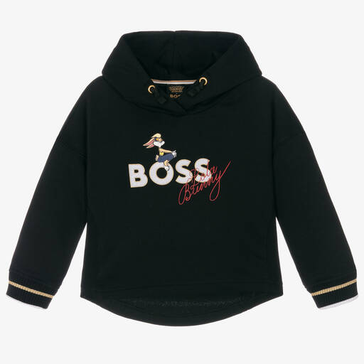 BOSS-توب هودي قطن جيرسي لون أسود للبنات | Childrensalon Outlet