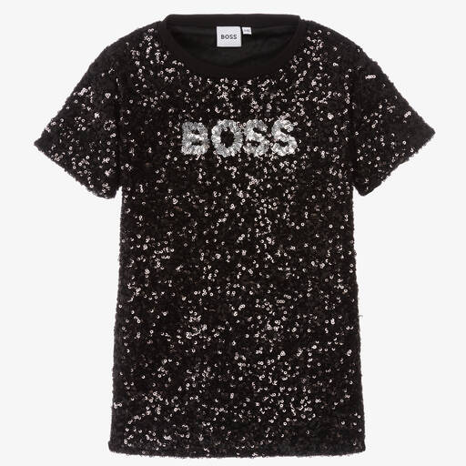 BOSS-Girls Black Sequin Logo Dress | Childrensalon Outlet