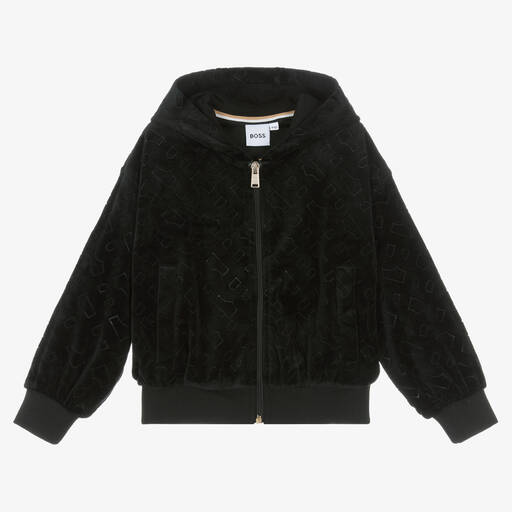 BOSS-Girls Black Velour Zip-Up Hoodie | Childrensalon Outlet