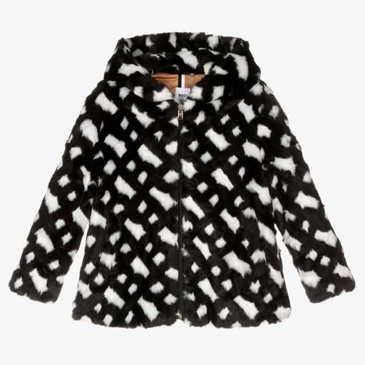 BOSS-Girls Black & White Faux Fur Jacket | Childrensalon Outlet